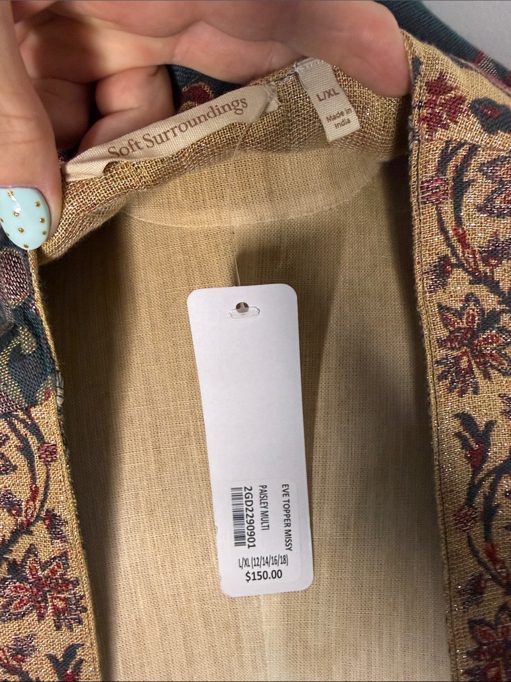 Soft Surroundings Teal and Gold Embroidered Kimono Jacket - Picture 5 of 5